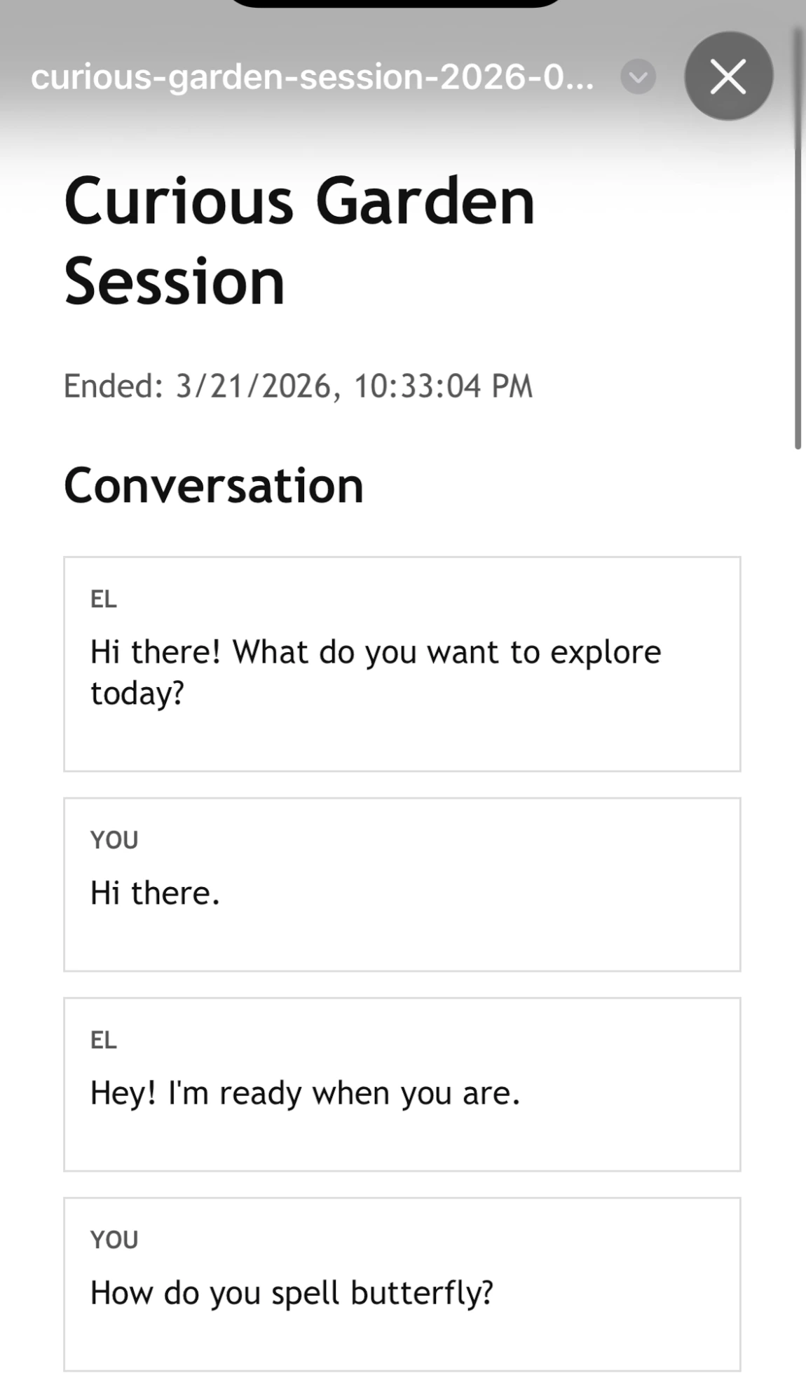 Curious Garden saved conversation screen one
